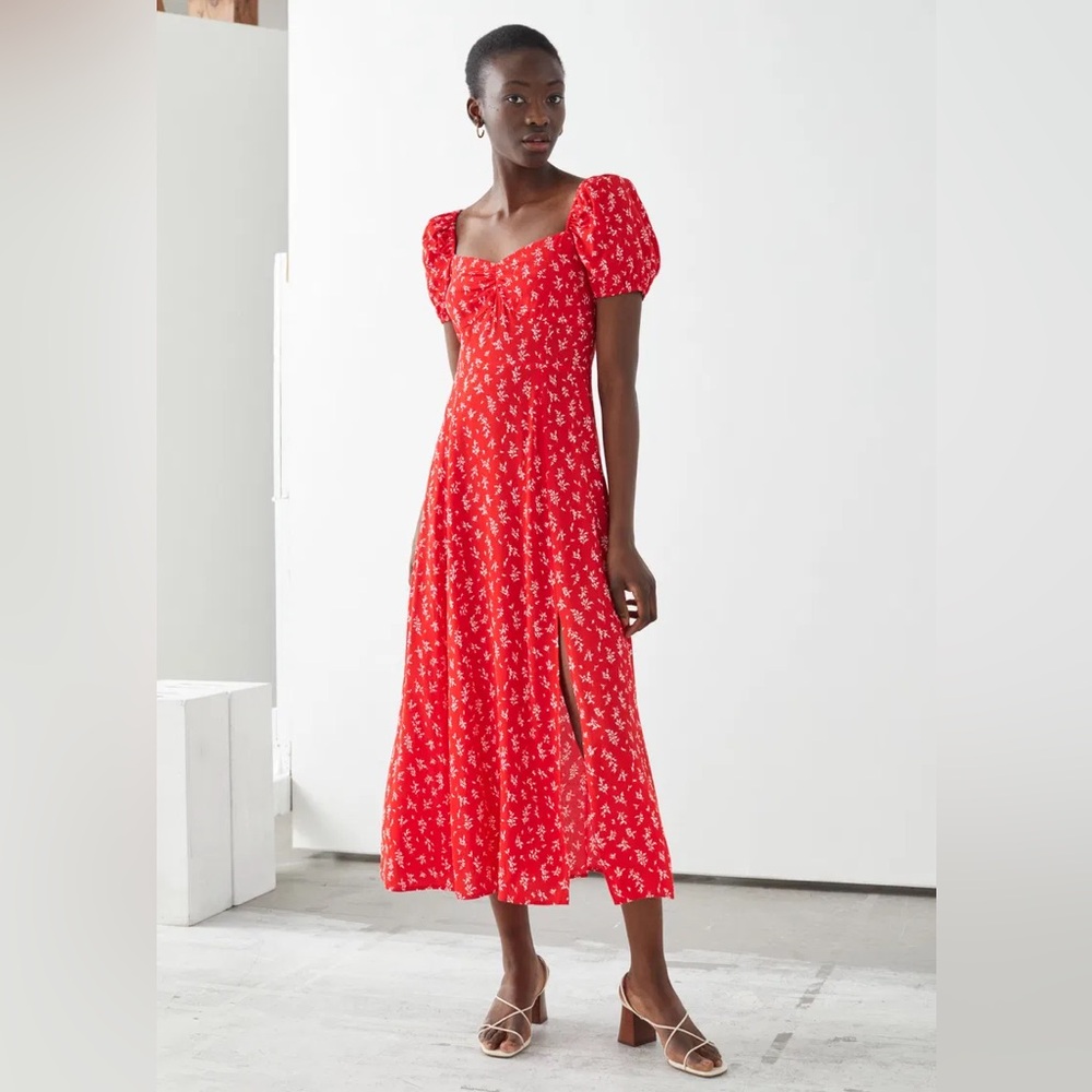 NWT & Other Stories Red White Printed Midi Puff Sleeve Dress w/ Side Slit 4 36